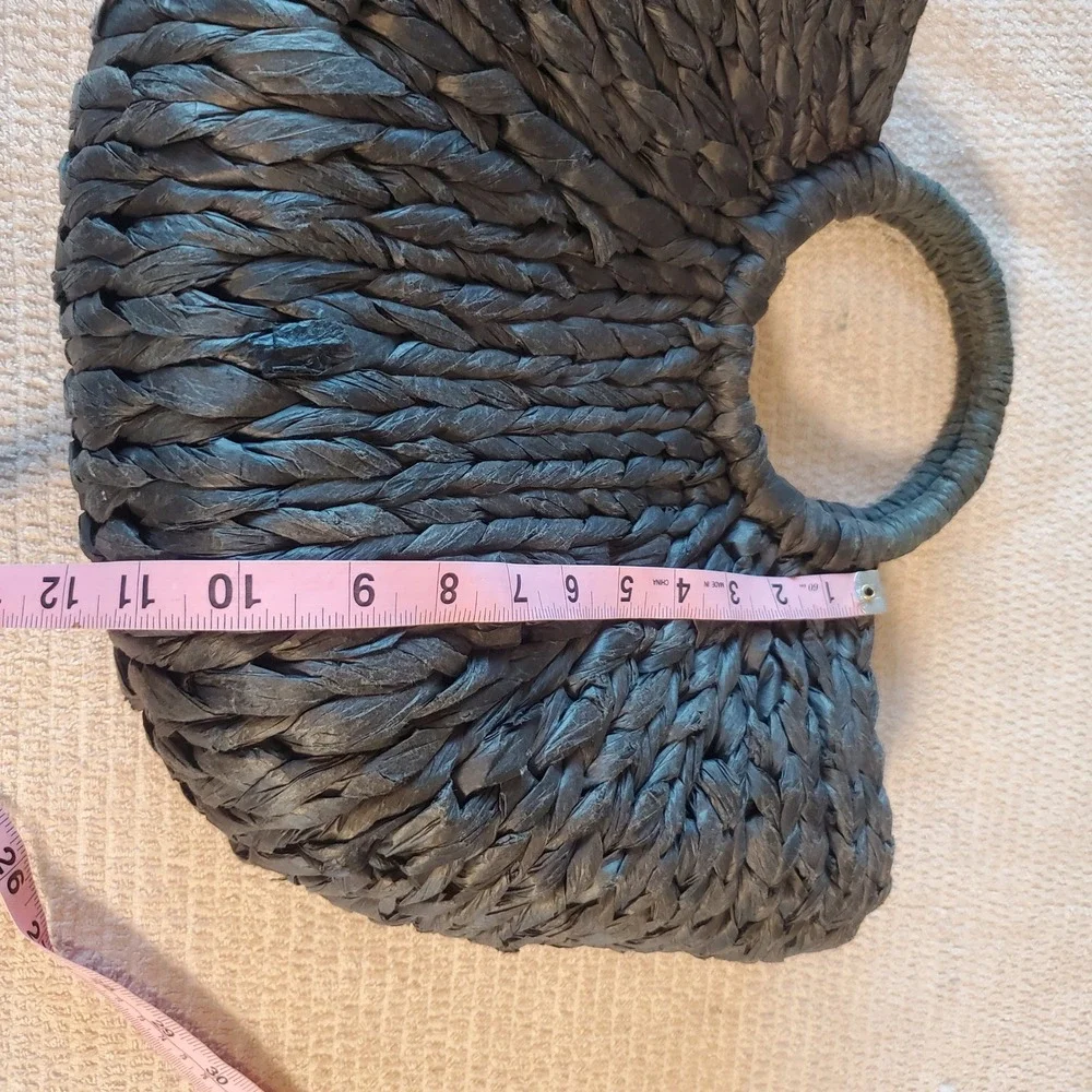 Bujibaja Charcoal Gray Woven Straw Fan Tote Bag Circular Handle Summer Beach